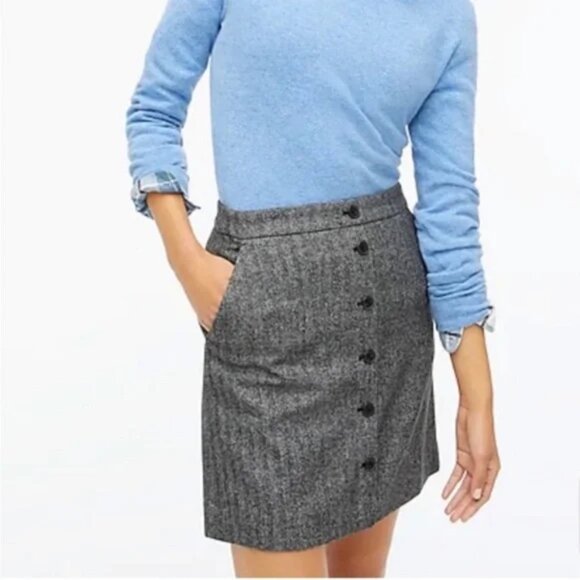 J.Crew Button Front Wool Blend Herringbone Tweed Grey Skirt Size 10 - Picture 1 of 8